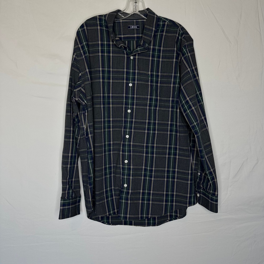 IZOD Mens Plaid Button Down Shirt Large Charcoal Grey Navy Green 46IZFHB9LR0